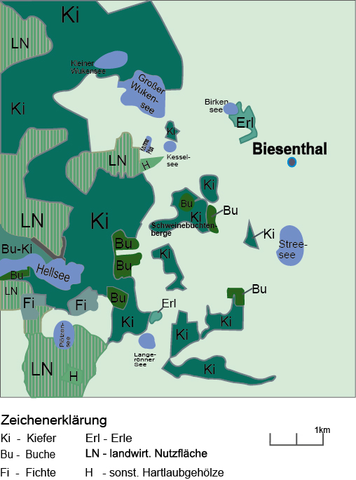 Abb. 2: Struktur der Wälder im Biesenthaler Raum, generalisiert nach VEB Forstprojektierung Potsdam (1969) , Zusammengestellt von Jelena Keller und Sixten Bussemer Abb. 2: Struktur der Wälder im Biesenthaler Raum, generalisiert nach VEB Forstprojektierung Potsdam (1969)